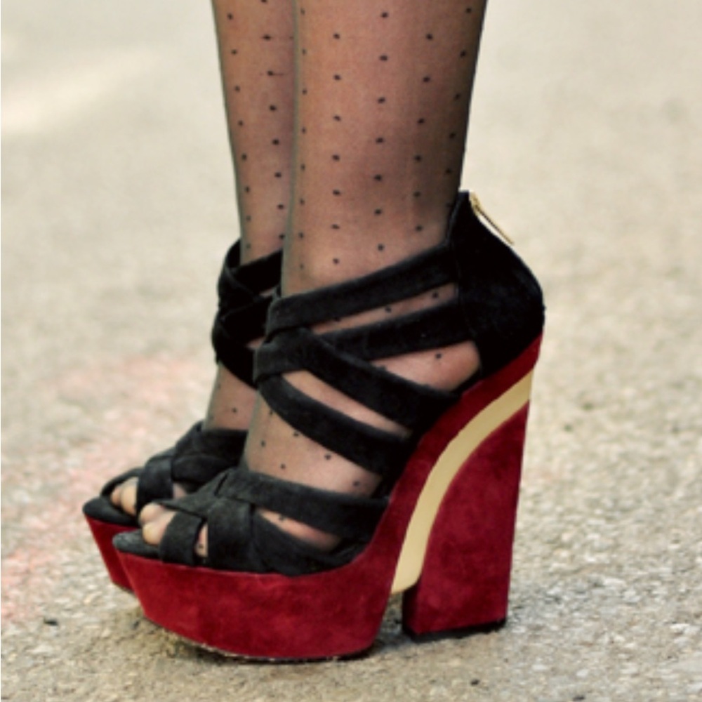 Dolce Vita Black and Burgundy Suede Platform Sandals